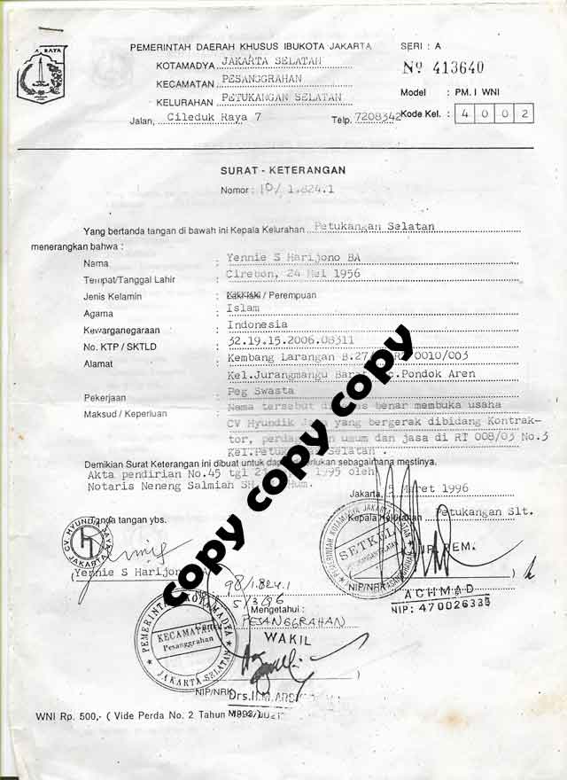 Surat Keterangan CV. Hyundik Jaya