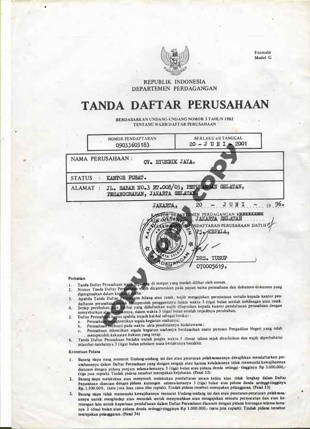 Tanda Daftar Perusahaan CV. Hyundik Jaya