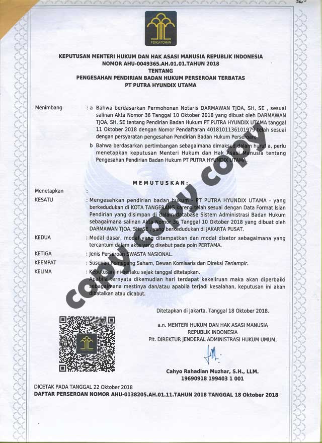Pengesahan Pendirian Badan Hukum Perseroan Terbatas PT. Putra Hyundix Utama