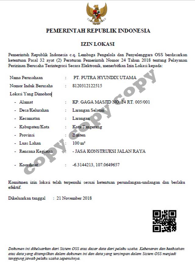 Izin Lokasi Perusahaan PT. Putra Hyundix Utama