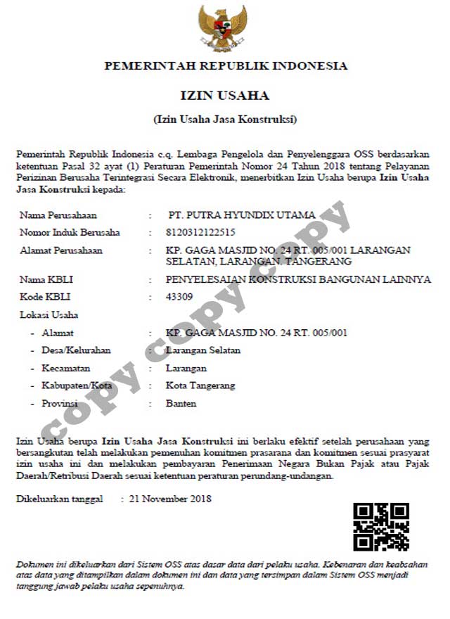 Izin Usaha Perusahaan PT. Putra Hyundix Utama