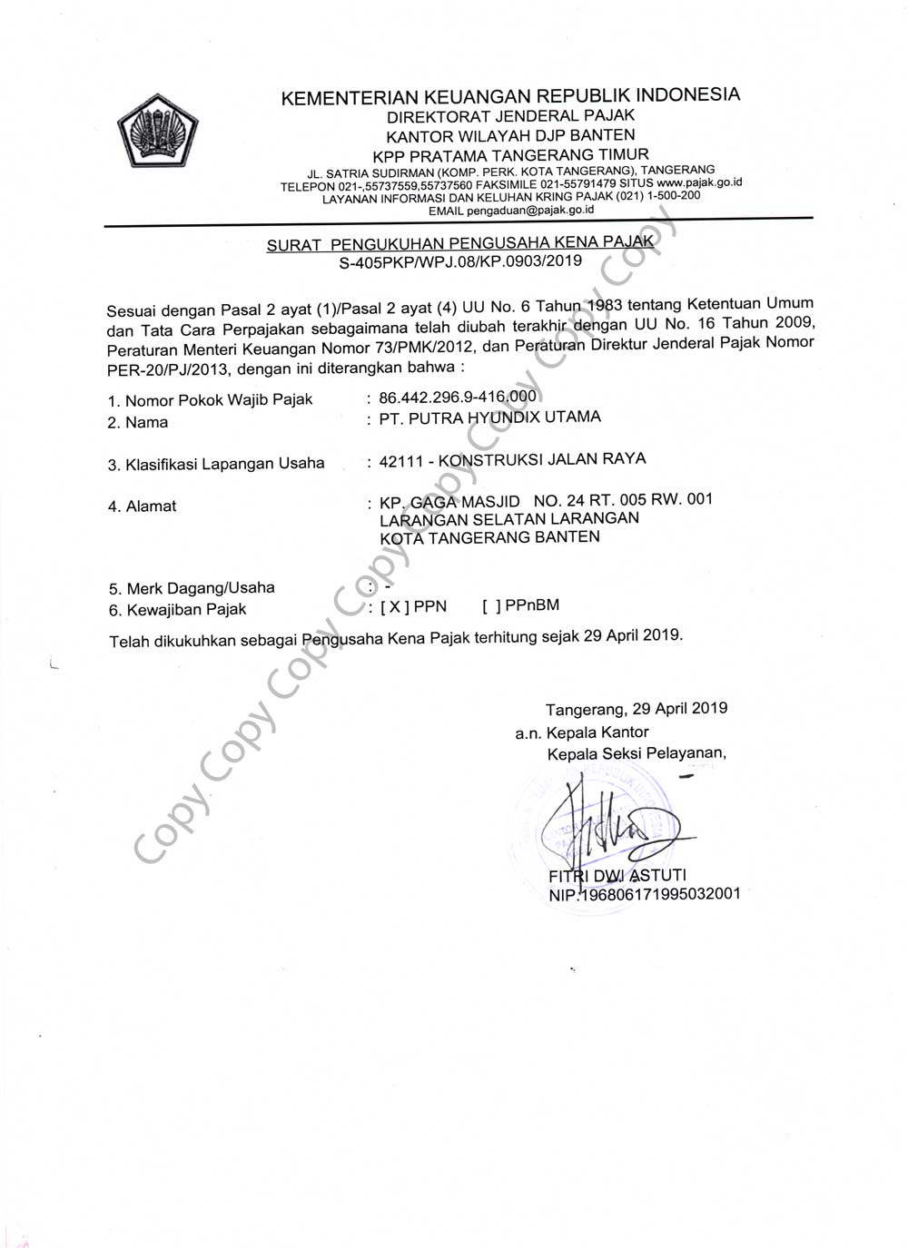 Surat Pengukuhan Pengusaha Kena Pajak PT. Putra Hyundix Utama